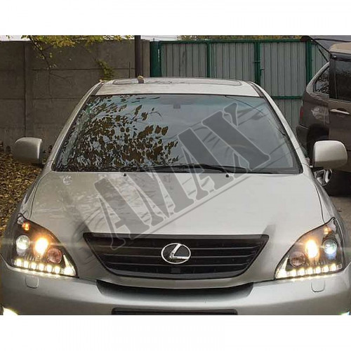 Передние фары черные (2 линзы + LED DRL) Лексус РХ_Lexus RX-300 / 330 / 350 (2003-2009)