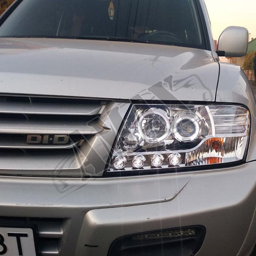 Передние фары с линзой (черные / хром) Митсубиси Паджеро Вагон_Mitsubishi Pajero Wagon 3 (2000-2006)