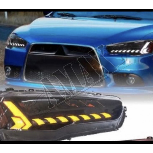 Передние фары линза-диодная полоса (стиль Audi) Митсубиси Лансер_Mitsubishi Lancer X (2008-2015)