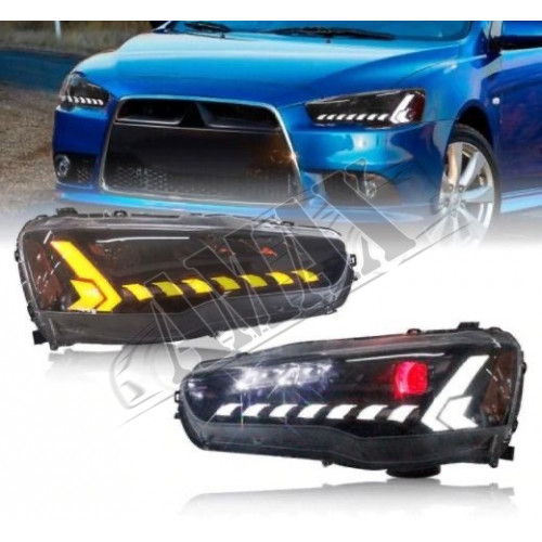 Передние фары линза-диодная полоса (стиль Audi) Митсубиси Лансер_Mitsubishi Lancer X (2008-2015)