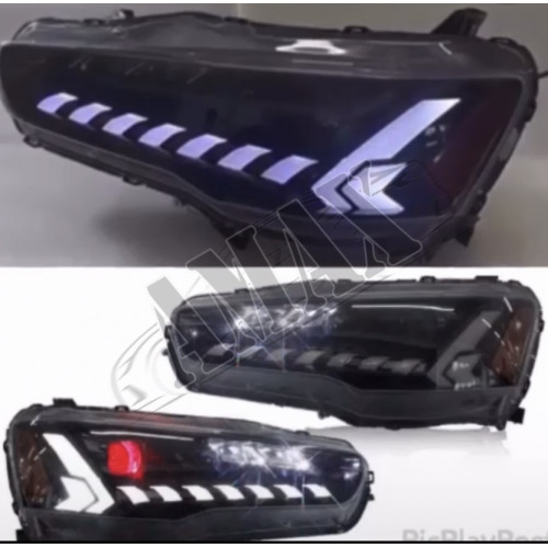 Передние фары линза-диодная полоса (стиль Audi) Митсубиси Лансер_Mitsubishi Lancer X (2008-2015)