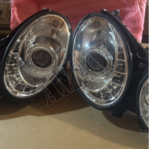 Передние фары (хром) с линзой + LED DRL на Mercedes W211 (2002-2008) 