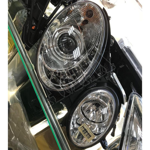 Передние фары (хром) с линзой + LED DRL на Mercedes W211 (2002-2008) 
